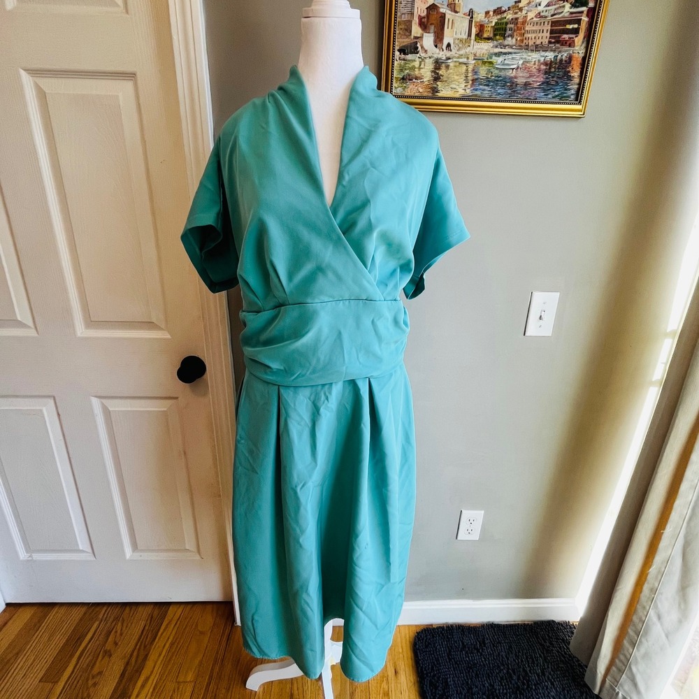 Miss Candyfloss Teal Blue Wrap Midi Dress Plus Size 4XL Vintage Pinup Rockabilly - Picture 2 of 11